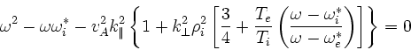 \begin{displaymath}
\omega^2 -\omega\omega_i^* -v_A^2 k_\Vert^2
\left\{1 + k_\...
...\omega_i^*}{\omega-\omega_e^*}
\right)
\right]
\right\} = 0
\end{displaymath}