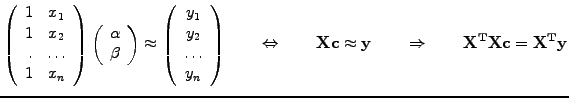 $\displaystyle \left(\begin{array}{rcr} 1 & x_1 1 & x_2 . &\hdots  1 & x_n...
...y} \qquad\Rightarrow\qquad \mathbf{X^{T}}\mathbf{X}\mathbf{c} = \mathbf{X^{T}y}$