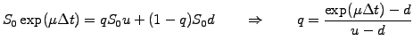 $\displaystyle S_0\exp(\mu\Delta t) = q S_0u + (1-q) S_0d \qquad\Rightarrow\qquad q=\frac{\exp(\mu\Delta t) -d}{u-d}$