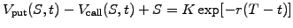 $\displaystyle V_\mathrm{put}(S,t)-V_\mathrm{call}(S,t)+S=K\exp[-r(T-t)]$