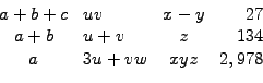 \begin{displaymath}\begin{array}{clcr} a+b+c & uv & x-y & 27  a+b & u+v & z & 134  a & 3u+vw & xyz & 2,978 \end{array}\end{displaymath}