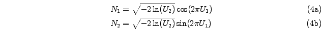 \begin{subequations}\begin{align}N_1 & = \sqrt{-2\ln(U_2)} \cos(2\pi U_1)\\ N_2 & = \sqrt{-2\ln(U_2)} \sin(2\pi U_1) \end{align}\end{subequations}