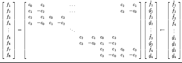 $\displaystyle \left[\begin{array}{c}
f_1 \\ f_2 \\ f_3 \\ f_4 \\ \vdots \\
f_5...
...ts \\
\tilde{g_1}\\ \tilde{g_2}\\ \tilde{g_3}\\ \tilde{g_4}
\end{array}\right]$