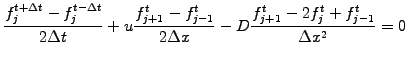 $\displaystyle \frac{f_j^{t+\Delta t} -f_j^{t-\Delta t}}{2\Delta t} +
u \frac{f_...
...- f_{j-1}^t}{2\Delta x}
- D \frac{f_{j+1}^t -2f_j^t +f_{j-1}^t}{\Delta x^2} = 0$